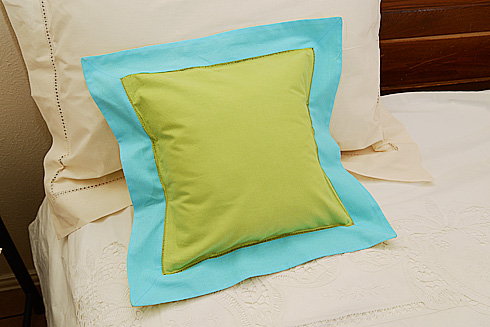 Pillow Sham 12" Square. MACAW Green with Aqua Blue color border